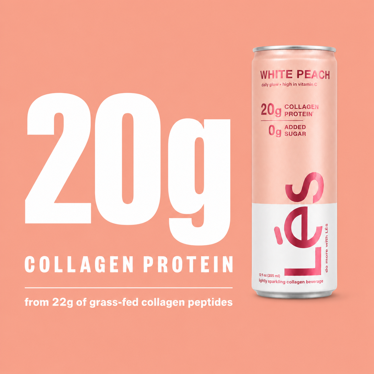 LÉS White Peach collagen protein drink can on a peach background, text reading 20g collagen protein from 22g of grass-fed collagen peptides.