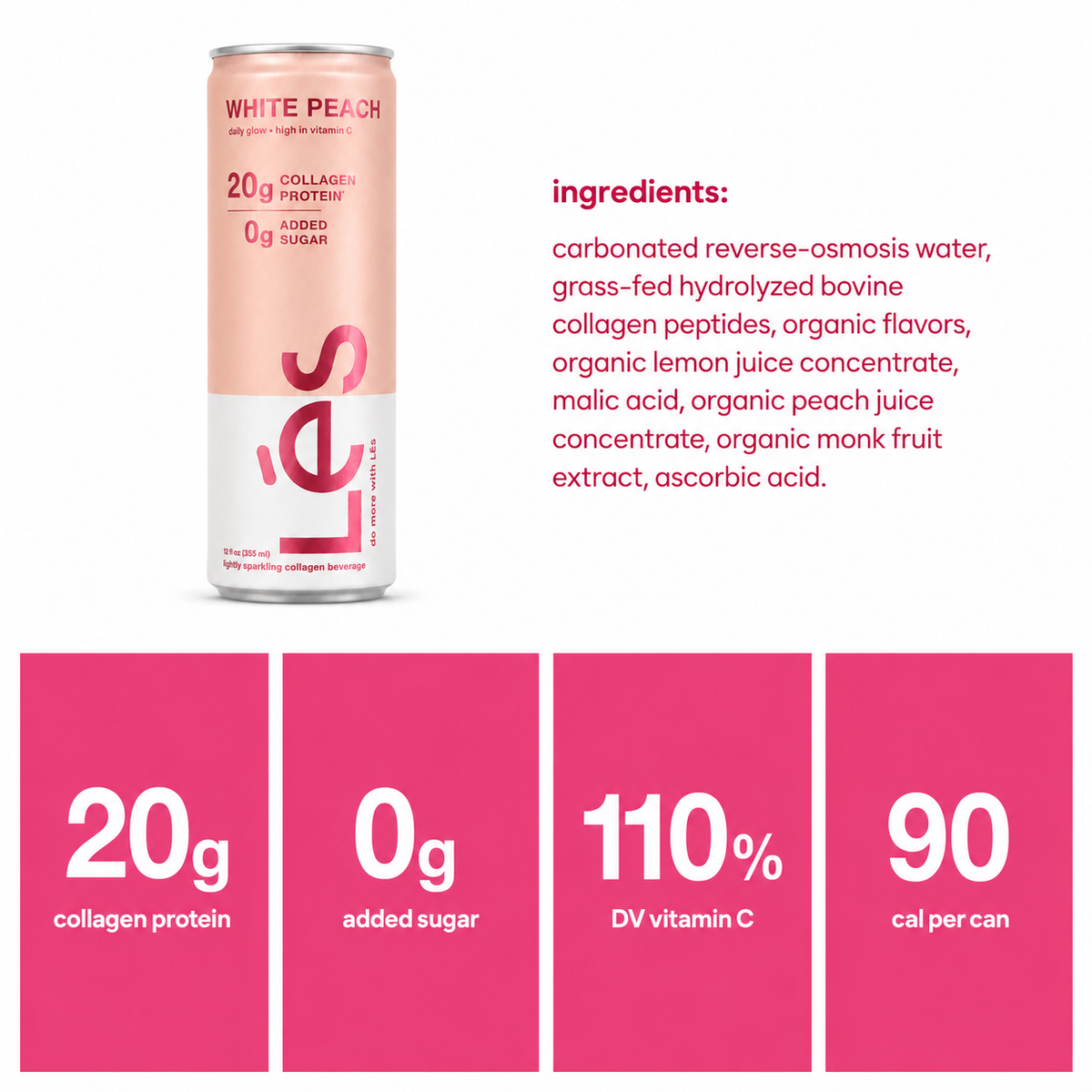 LÉS White Peach sparkling collagen protein drink can on white, pale peach and white can with pink lettering and nutrition callouts.