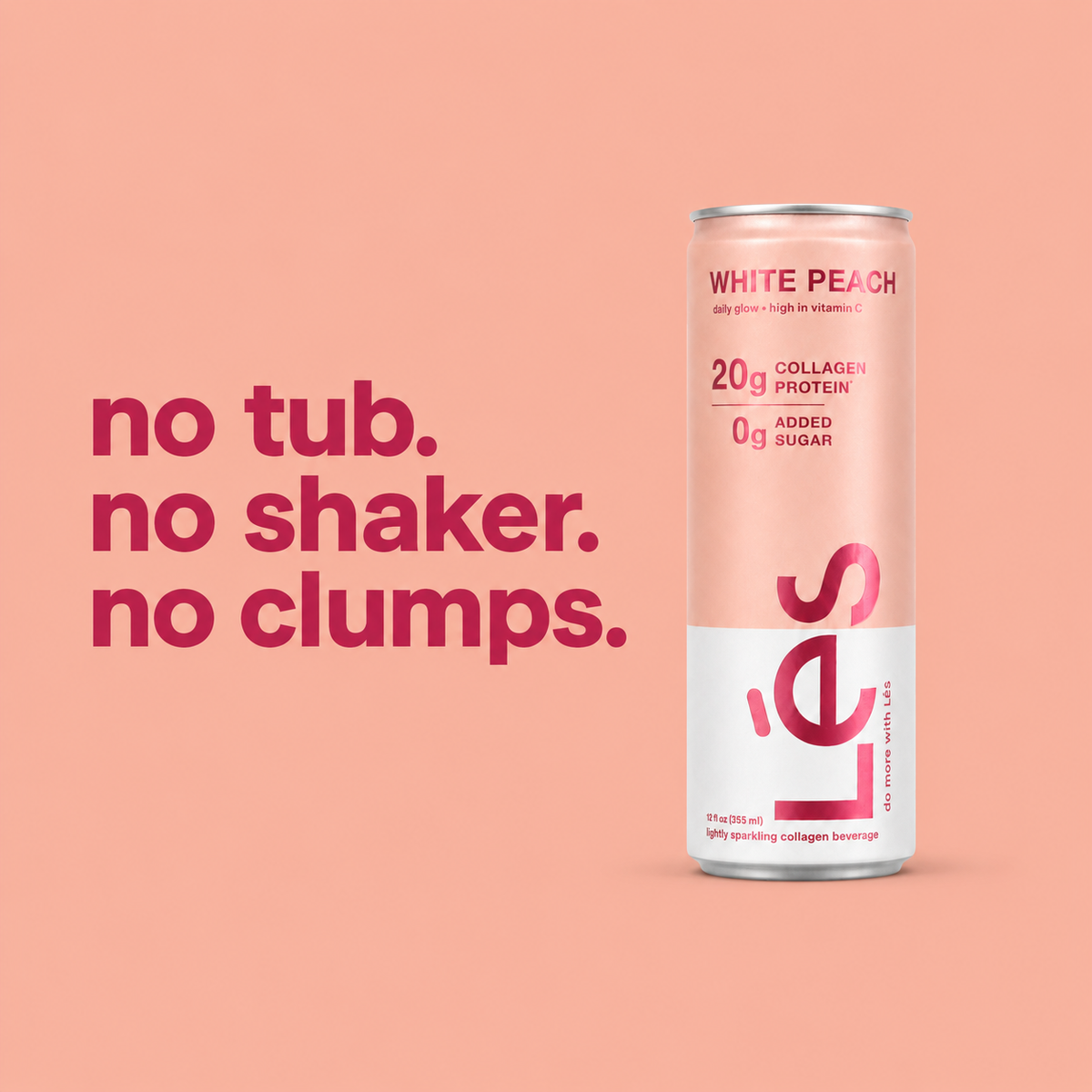 LÉS White Peach sparkling collagen protein drink can on a peach-pink background beside the line no tub, no shaker.